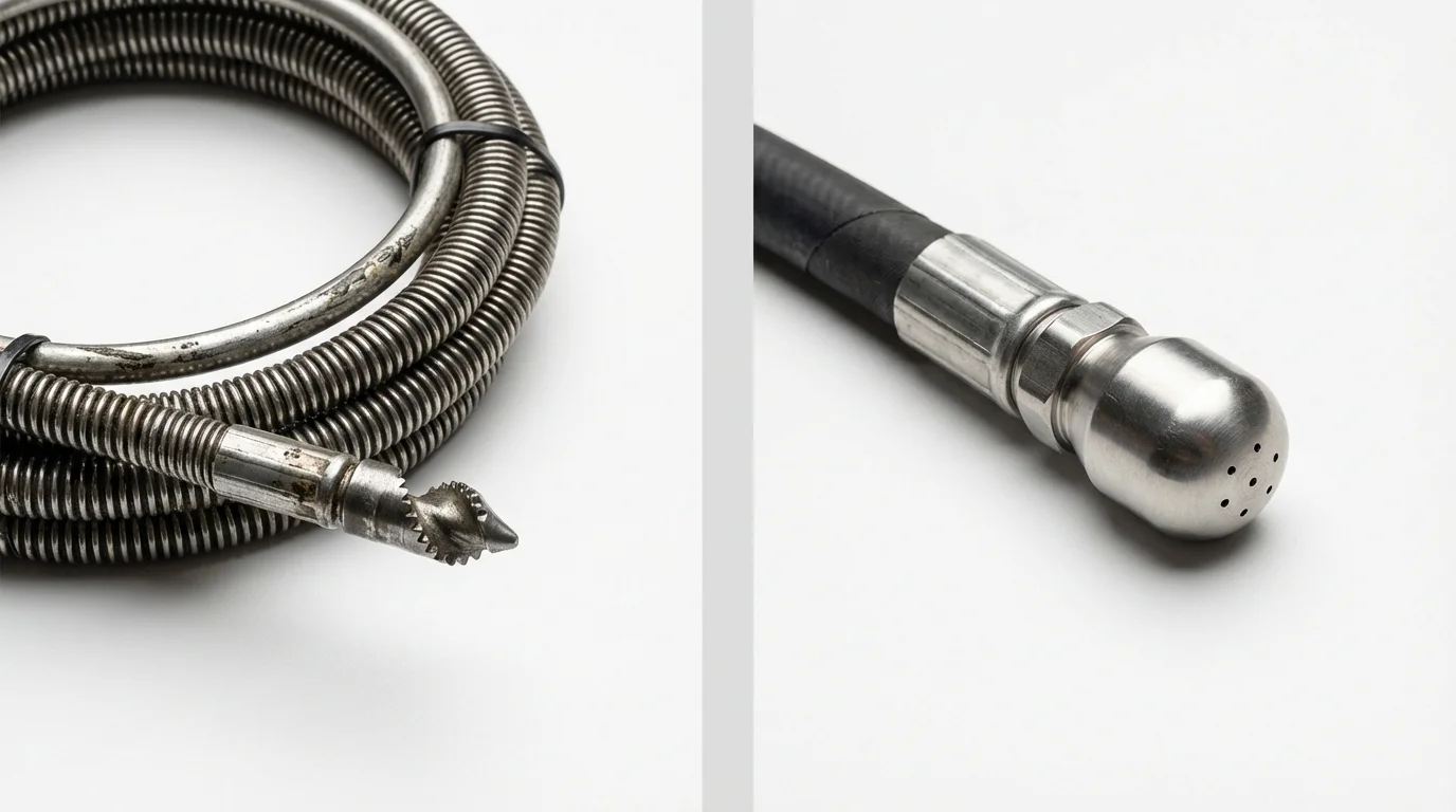 Drain snake cable and hydro jetting nozzle used for drain cleaning in Oakland, FL