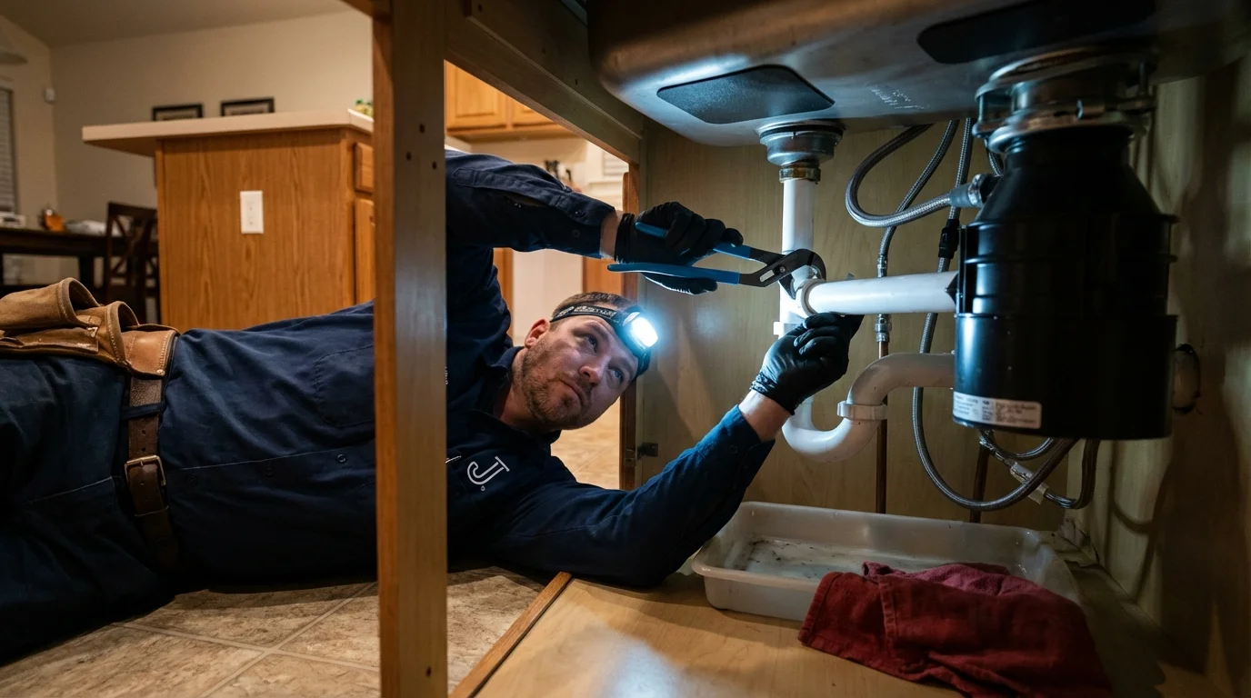 P-trap and supply line connections under a kitchen sink showing a common leak point in Oakland, FL